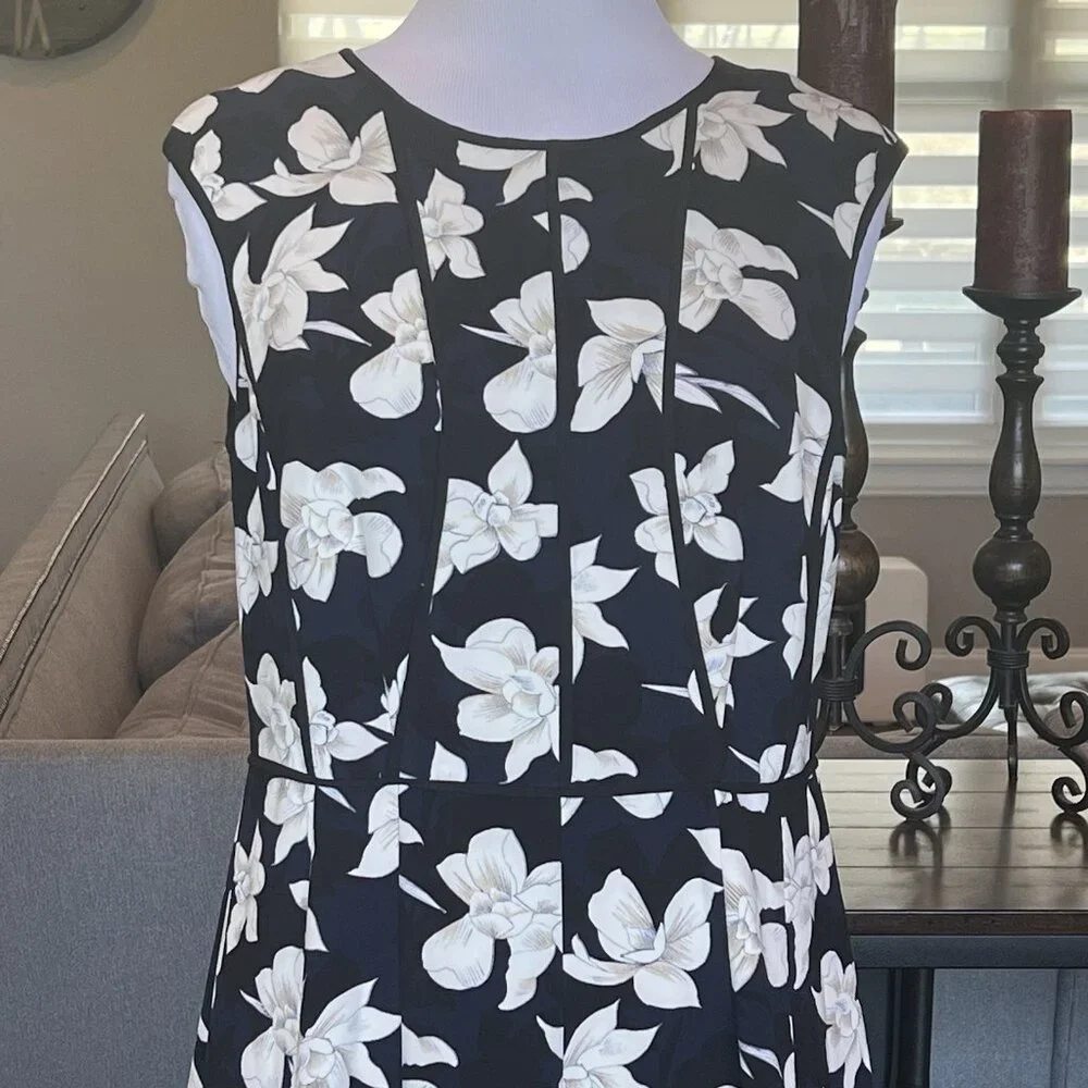 Ann Taylor Dress Women’s 14 Midi Black Navy White Floral Stretch Fit & Flare - Picture 2 of 13
